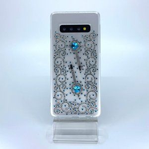 Galaxy S10 case. PC material. Unique Handmade. Blue and silver rhinestones